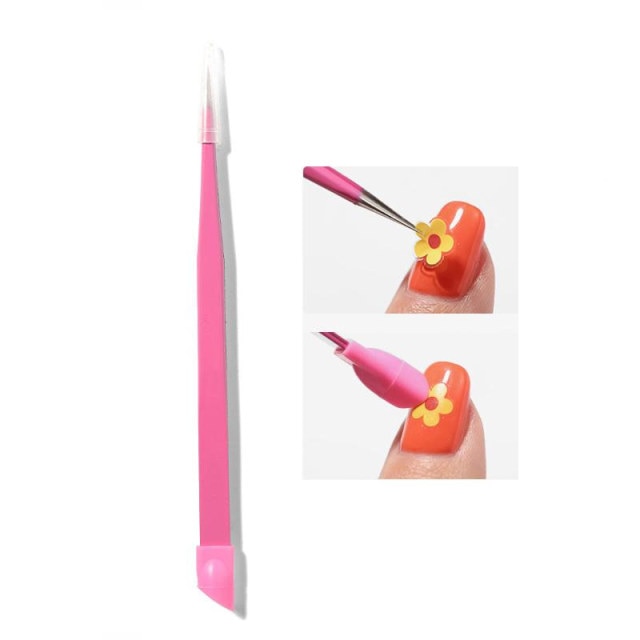 1pc 2 heads Straight Nail Tweezers with Silicone Pressing Head for 3D Sticker Rhinestones Water Sticker Picker Metal Nails Tools